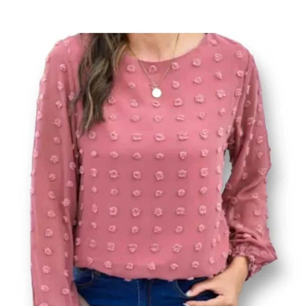 PINK SWISS DOT PUFFED LONG SLEEVE TOP - Picture 3 of 11